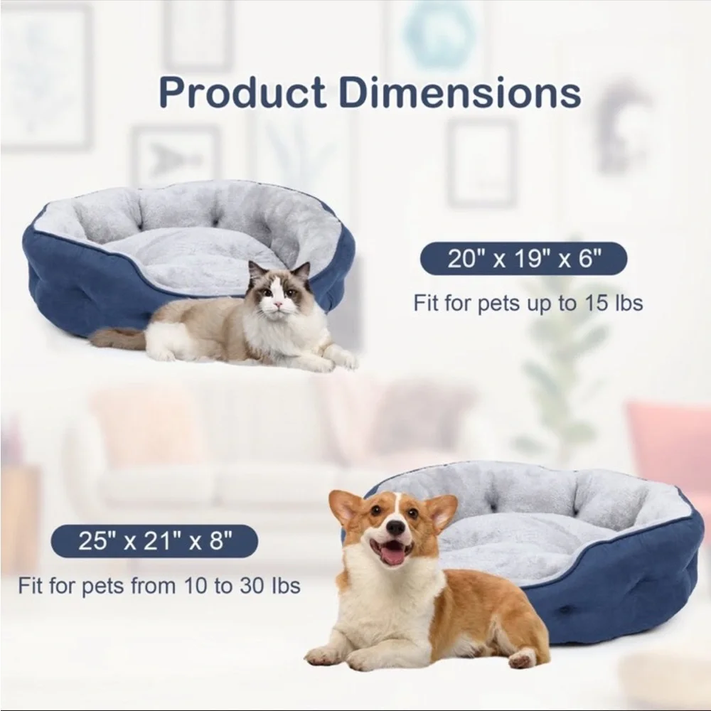 PureWags Navy & Gray 20 Inch Round Washable Cat Bed with Non-Slip Base